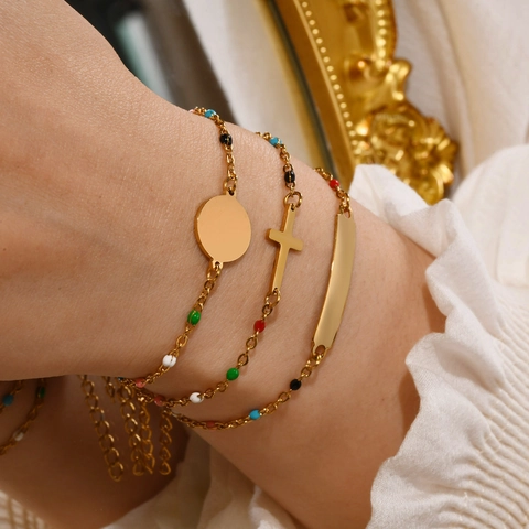 Bracciale In Acciaio Inossidabile Vintage Perle Di Smalto Colorate Croce Ciondolo A Piastra Rotonda Gioielli Regolabili Da Donna