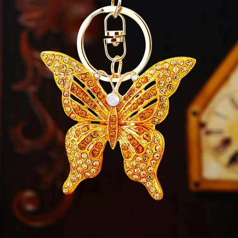 Creative Rhinestone Butterfly Keychain Gold Plated Metal Insect Key Ring Bag Pendant For Women Girls Gift Fashion Accessory