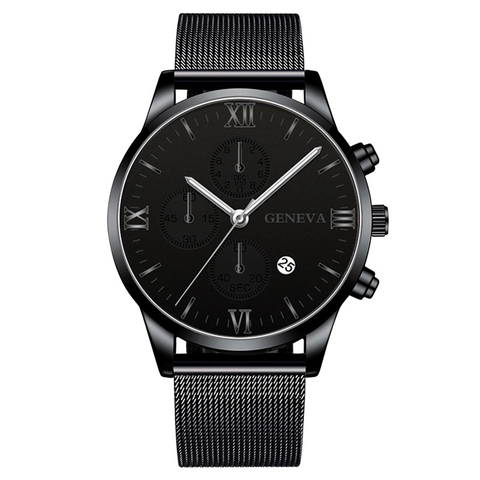 Orologio al Quarzo da Uomo di Lusso Cassa in Lega Cinturino in Maglia di Acciaio Numeri Romani Quadranti Decorativi Calendario