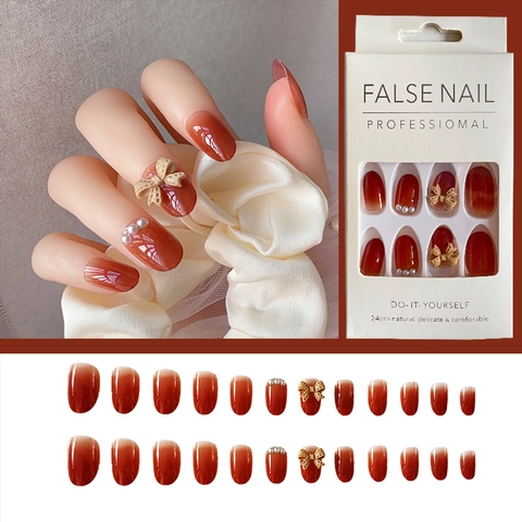 Amber Gradiënt Glanzende Kunstnagels Met 3D Strik En Kunstpareldecor Elegante Mode Kunstmatige Vingernagels Voor Dames