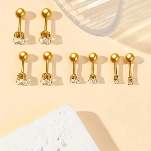 316 Stainless Steel Round Cubic Zirconia Stud Earrings Gold Plated Ball Screw Back Unisex Minimalist Piercing Jewelry