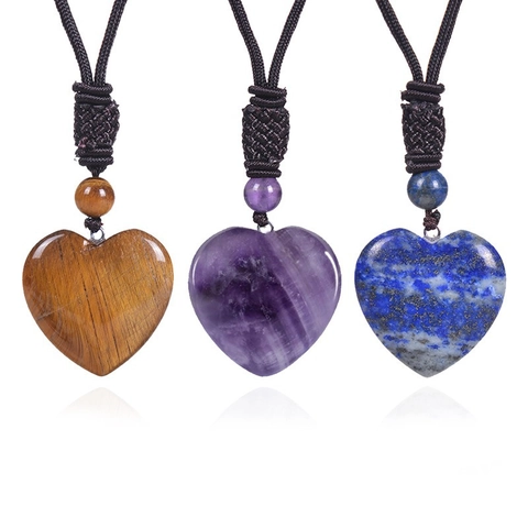 Collar Con Colgante De Corazón De Piedra Natural Cuerda Trenzada Ajustable Amatista Cuarzo Rosa Obsidiana Joyería