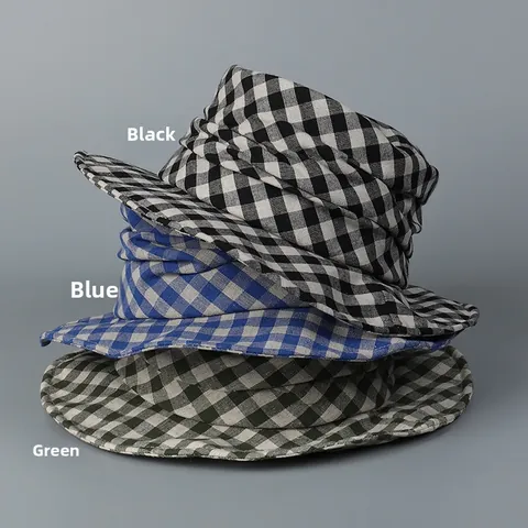 Cotton Linen Checkered Bucket Hat For Men Women Summer Outdoor Sun Protection Foldable Pleated Wide Brim Fisherman Cap