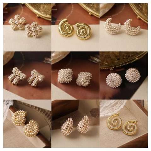 Pendientes de Botón de Cobre Lujosos Vintage Francés Joyas Elegantes Perla Artificial Lazo Corazón Caracol Para Mujer