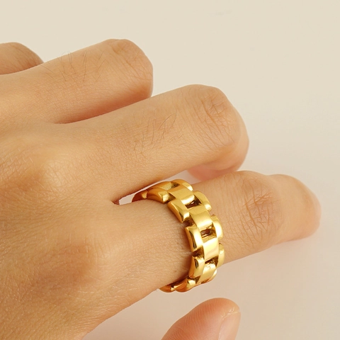 Geometric Tank Chain Ring 18K Gold Plated Stainless Steel Adjustable Open Band Industrial Style Fashion Jewelry
