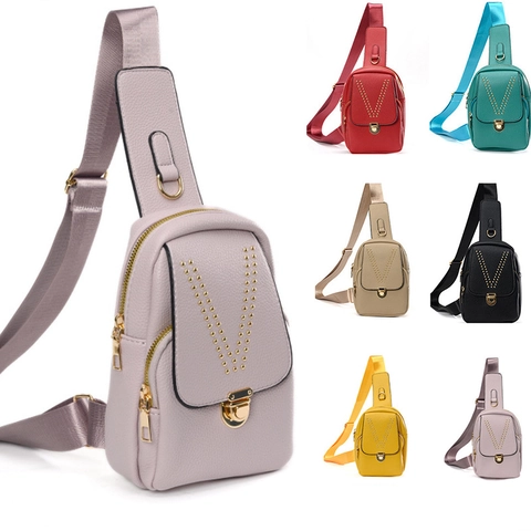 Women Chest Bag PU Leather Litchi Texture Gold Rivet V Pattern Crossbody Bag Adjustable Wide Strap Street Fashion
