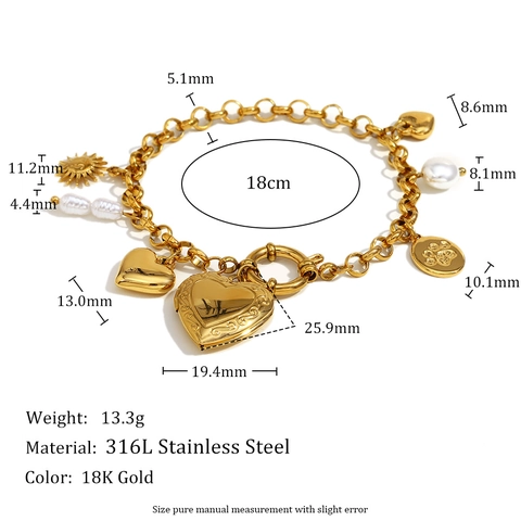 Bracciale Con Ciondoli Acciaio Inossidabile Placcato Oro Cuore Medaglione Sole Perla Artificial Gioielli Vintage Per Donna