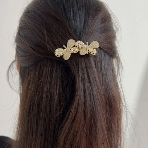 Fermaglio Per Capelli A Farfalla Lega Strass Imitazione Perla Artificial Becco D Anatra Barretta Moda Dolce Forcina Laterale Lucido