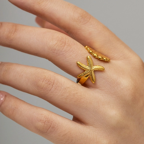 Starfisch Muschel Offener Ring 18K Vergoldet Edelstahl Verstellbar Ozean Stil Strand Schmuck Für Frauen