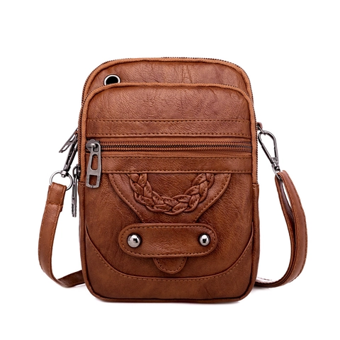 Vintage Crossbody Telefoontas Zacht PU Leer Lychee Patroon Multi Laag Rits Met Geweven Klinknagels Voor Dames