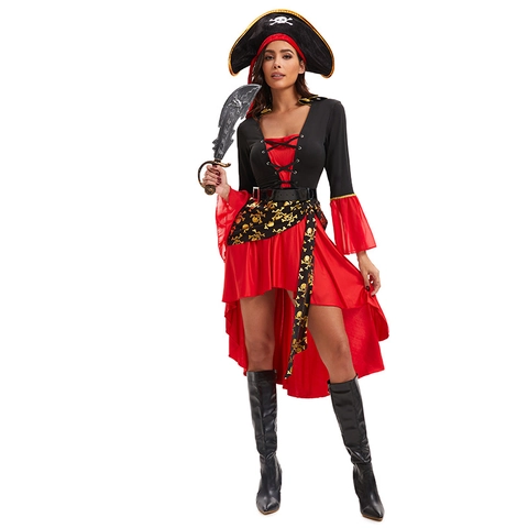 Déguisement Pirate Femme Halloween Cosplay Robe Et Chapeau Ceinture Lacets Ourlet Irrégulier Polyester Tenue Fête