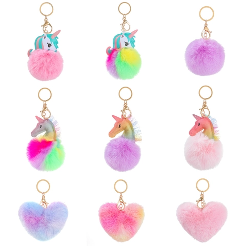 Simpatico Portachiavi con Pompon in Pelliccia Sintetica Unicorno Stella Cuore Pendente per Borsa Anello in Pelle PU Glitterata per Donne Ragazze Accessori per Zaino