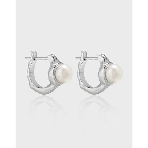 S925 Sterling Silver C Shaped Ear Buckle Korean Freshwater Pearl Stud Earrings Women White Gold Plated Jewelry