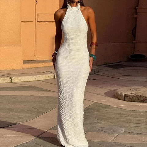 Vestito Maxi Sexy Allacciato Al Collo Schiena Scoperta Donna Maglia Testurizzata Arricciata Slim Fit Estate Festa Elegante Bianco