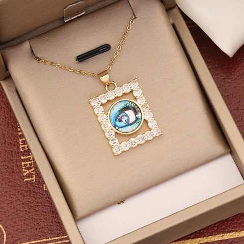 Böser Blick Anhänger Halskette 18K Vergoldetes Kupfer Mikro Zirkonia Quadratisch Ägyptisches Horusauge Schmuck