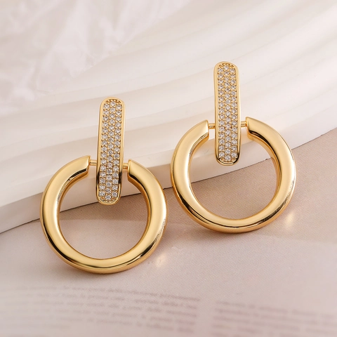 Geometric Drop Earrings Copper 18K Gold Plated Zirconia Ring Bar Vintage Minimalist Jewelry For Women