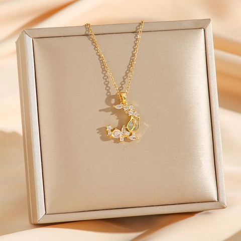 Collana Pendente Tulipano Luna Opale Acciaio Inossidabile Zirconia Cubica Catena Per Clavicola Gioielli Eleganti Da Donna