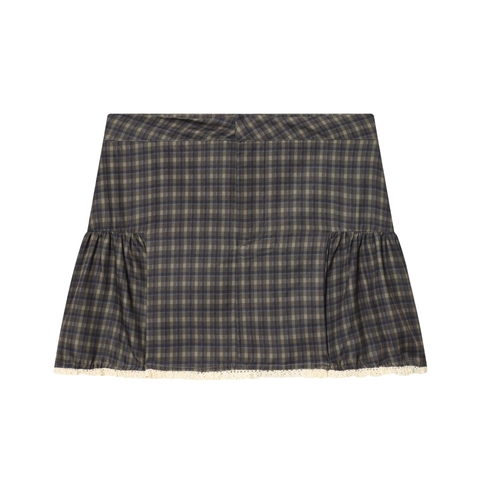 Plaid Mini Skirt With Lace Trim High Waist Pleated Preppy Style Polyester Bottoms For Women Fashionable Casual Wear
