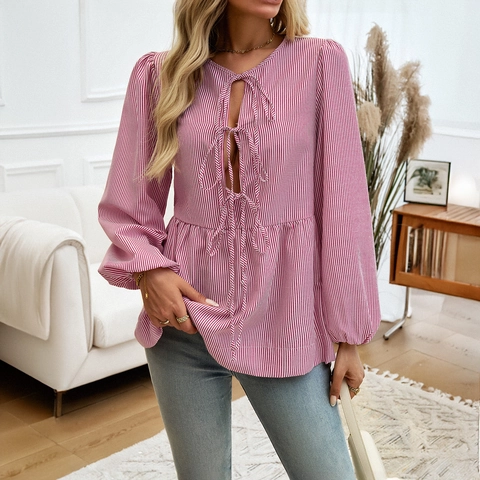 Dames Gestreepte Blouse Lantaarnmouw Vetersluiting Voor Peplum Zoom Casual V-hals Polyester Shirt Top Zoete Stijl