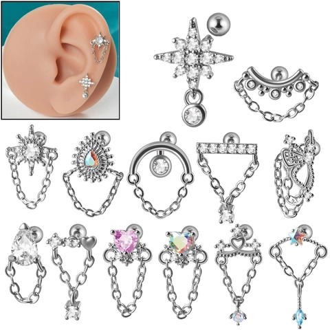 Stainless Steel Cartilage Piercing Stud Earrings With Chains Butterfly Heart Star Cubic Zirconia Helix Tragus Jewelry