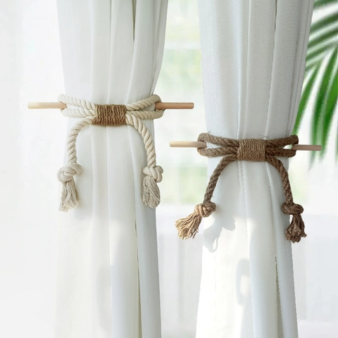 Hand Woven Curtain Tiebacks Cotton Jute Rope With Wooden Stick Bohemian Decorative Window Holder For Home Decor