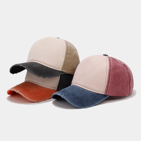 Vintage Washed Cotton Baseball Cap Distressed Color Block Patchwork Sun Protection Adjustable Streetwear Hat For Men Women