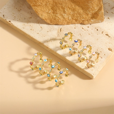 Böser Blick Verstellbarer Offener Ring Kupfer 14K Vergoldet Emaille Zirkonia Retro Schmuck Für Damen