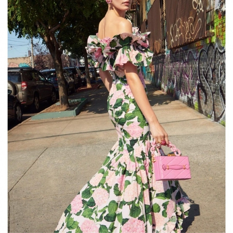 Polyester Hydrangea Print Swimwear Off Shoulder Ruffle Bikini Top Bottom And Maxi Skirt Beach Vacation Outfit Women