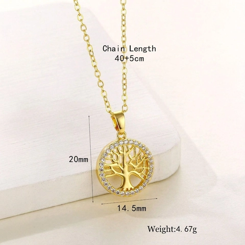 Tree Of Life Pendant Necklace Zinc Alloy Cubic Zirconia Round Hollow Adjustable Chain Elegant Jewelry For Women