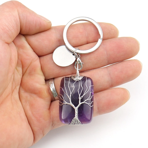 Handmade Tree Of Life Keychain Natural Stone Rectangular Pendant Copper Wire Wrapped Crystal Keychain Bag Charm Jewelry Gift