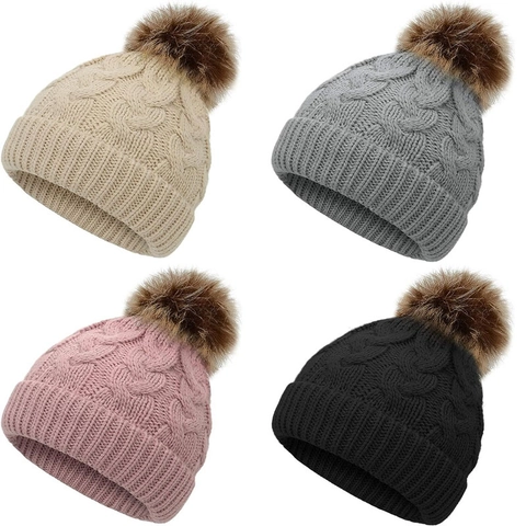 Kids Knitted Beanie Hat Winter Warm Acrylic Cable Knit With Faux Fur Pom Pom Ribbed Cuff For Toddlers Infants