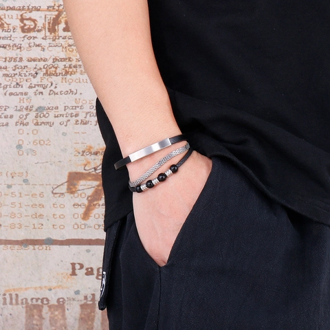 Bracciale Uomo Multistrato In Pelle Intrecciata Con Perline In Acciaio Inossidabile Piastra Metallo Stile Punk
