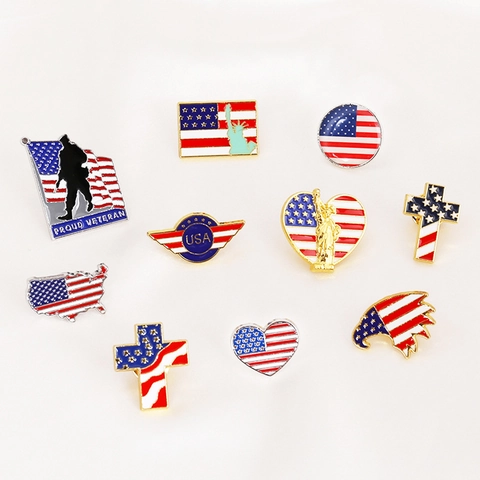 USA Flag Enamel Pin Brooch Statue Of Liberty Eagle Heart Shape Patriotic Badge For Backpack Clothing Accessory Zinc Alloy Jewelry