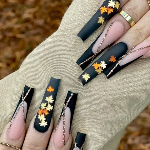 Faux Ongles Long Coffin Noir Mat Feuille Érable Or Style Français Paillettes Ongles Artificiels Pour Femmes Automne