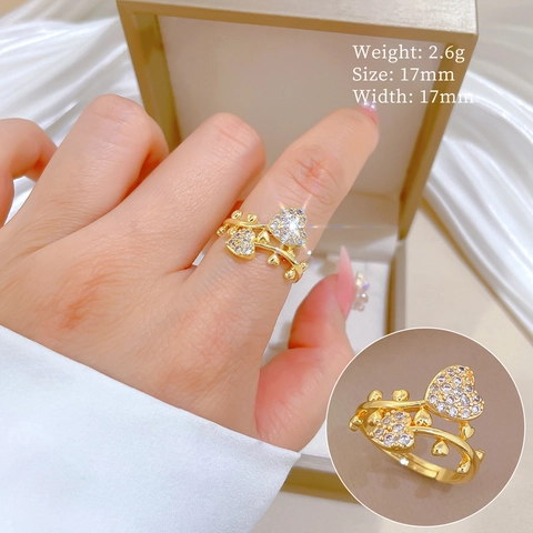 Double Heart Adjustable Ring Gold Plated Zircon Vine Branch Design For Women Elegant Jewelry Gift