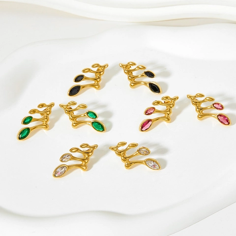 Vintage Stainless Steel Geometric Music Note Leaf Stud Earrings For Women With Colorful Cubic Zirconia Zircon Jewelry