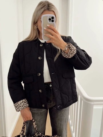 Giacca Trapuntata Donna Leggera Fodera Leopardata Collo A Costine Capospalla Imbottito Monopetto Stile Casual Cappotto