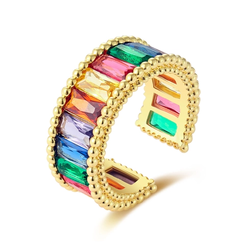 Rainbow Zircon Adjustable Ring Copper Baguette Cut Multicolored Rhinestone Open Band Fashion Jewelry