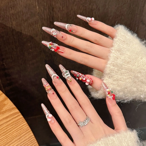 Uñas Postizas 3D Navidad Hechas Mano Estilo Stiletto Purpurina Rosa Con Muñeco Nieve Árbol Reno Perlas Artificiales Y Diamantes Fiest