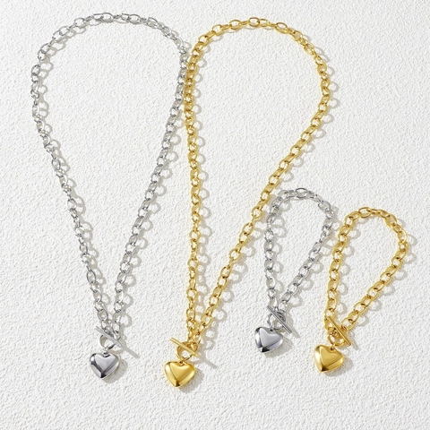 Gioielli Collana E Bracciale In Acciaio Inossidabile Ciondolo A Cuore Chiusura A Commutazione Catena Semplice Per Donna