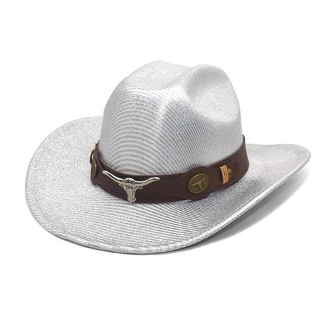 Western Cowboy Hat Metallic Shiny Wide Brim With Faux Leather Band And Metal Bull Head Buckle Party Cowgirl Style