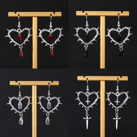 Gothic Heart Thorn Earrings Necklace Alloy Punk Cross Water Drop Jewelry With Earring Post For Women Retro Aesthetic