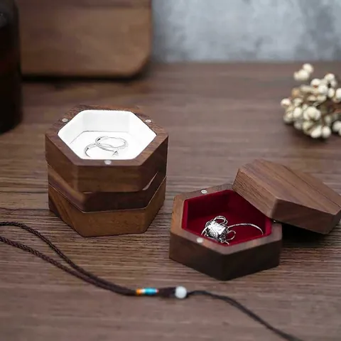 Hexagon Black Walnut Solid Wood Jewelry Box Magnetic Storage For Rings Necklaces Portable Velvet Lining Case