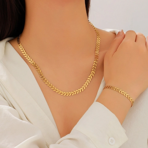 Conjunto de Joyas de Acero Inoxidable Minimalista Chapado en Oro 18K Espiga de Trigo para Mujer Collar Y Pulsera Hecho a Mano