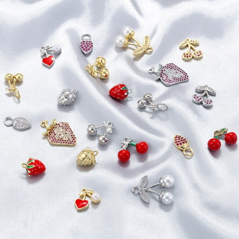 Breloques Douces En Forme De Fraise Cerise Poivre Laiton Incrusté De Zircon Künstliche Perle Émail Accessoires Bijoux DIY