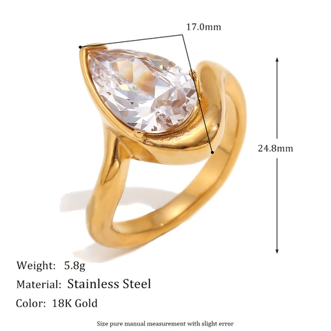 Anillo De Circonita Gota De Agua Acero Inoxidable Chapado Oro 18K Banda Onda Irregular Joyería Para Mujer
