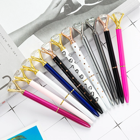 Metal Ballpoint Pen With Large Crystal Diamond Top Elegant Writing Tool For Office School Students Stationery Gift