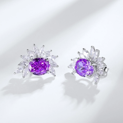 Boucles d'Oreilles Clous Fleur en Argent Sterling 925 avec Strass Violet pour Femmes Boucles d'Oreilles en Cristal Ovale Élégant Bijou
