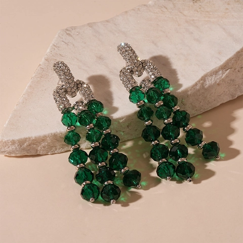 Grüne Glasperlen Lange Quasten-Ohrhänger Mit Strass-Legierung Und Silbernem Ohrstecker Vintage Luxus-Stil