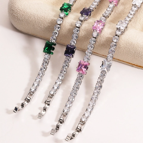 Vintage Rectangle Emerald Pink Purple White Cubic Zirconia Tennis Bracelet Elegant Silver Plated Geometric Jewelry Women